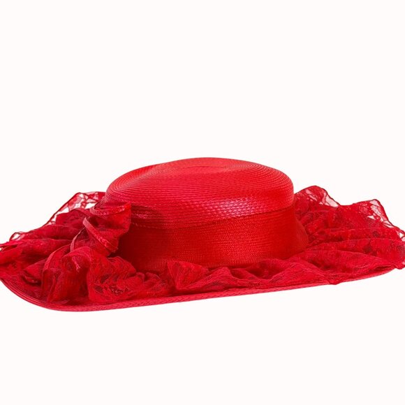 Vintage Wide Brimmed Derby Hat Red Flat Top Lace Bow Dramatic Silhouette - Picture 12 of 14